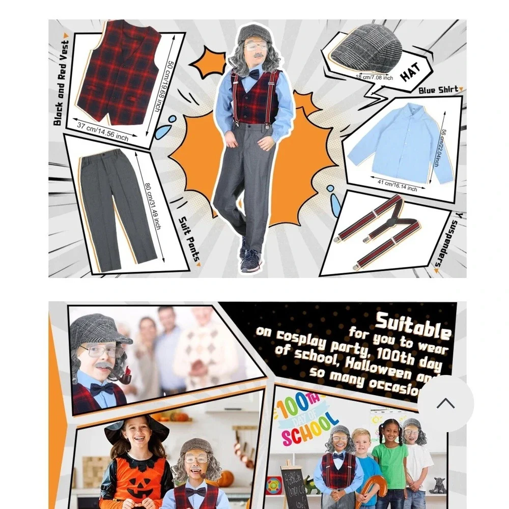 Child Size 7-9 Yr Old Old Man Costume Set 100 Days Of School 11 Pc Set